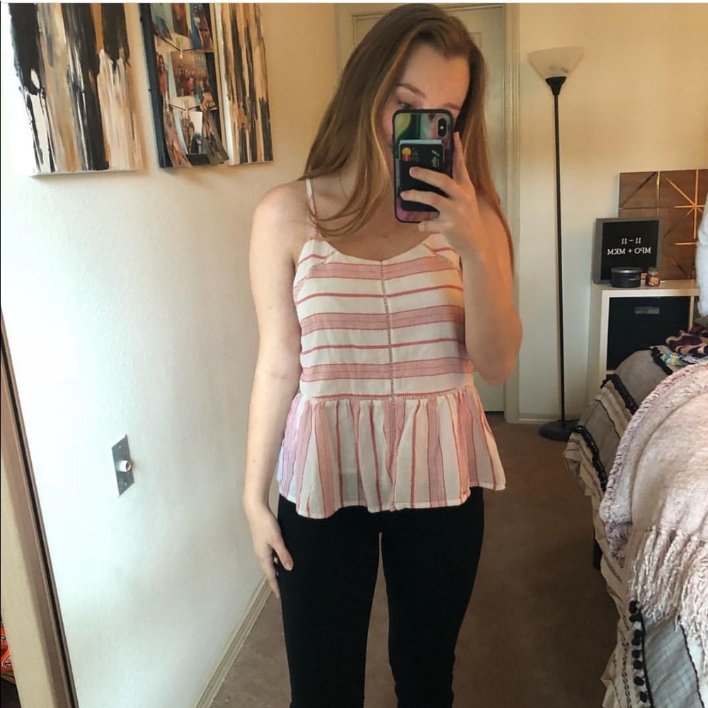 Pink and White Striped Peplum Top. Size Small